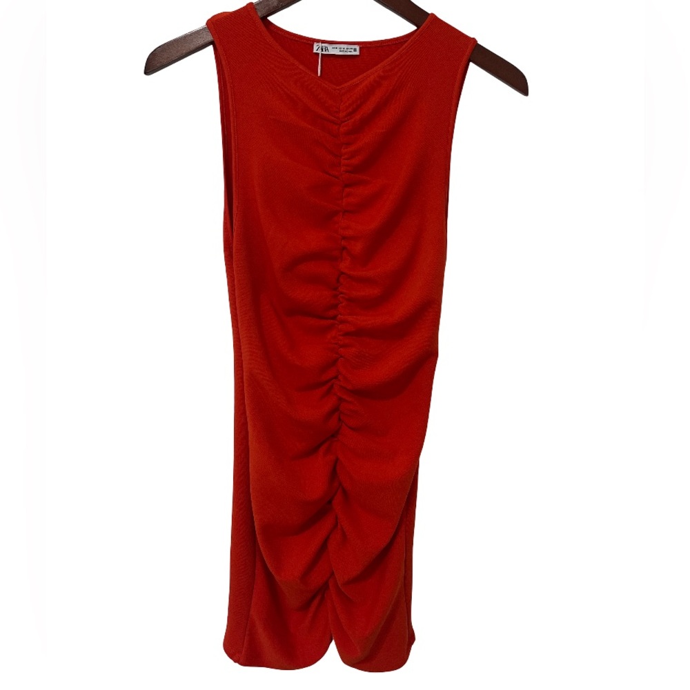ZARA Women’s M Orange Ruched Sleeveless Bodycon Dress NWT